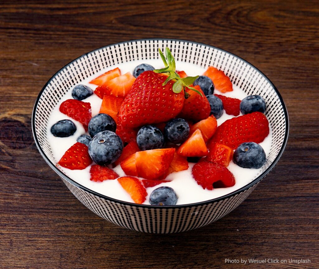 Berries in yogurt.