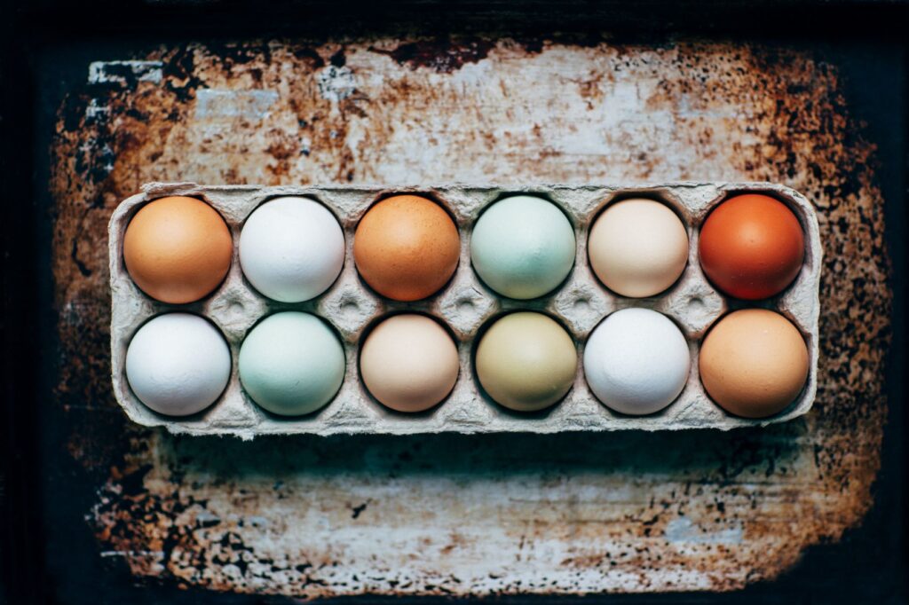 A dozen colored eggs