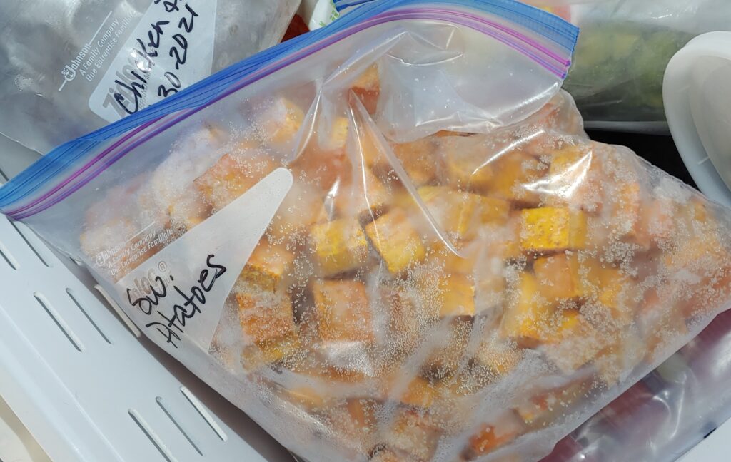 Cubed frozen sweet potatoes.