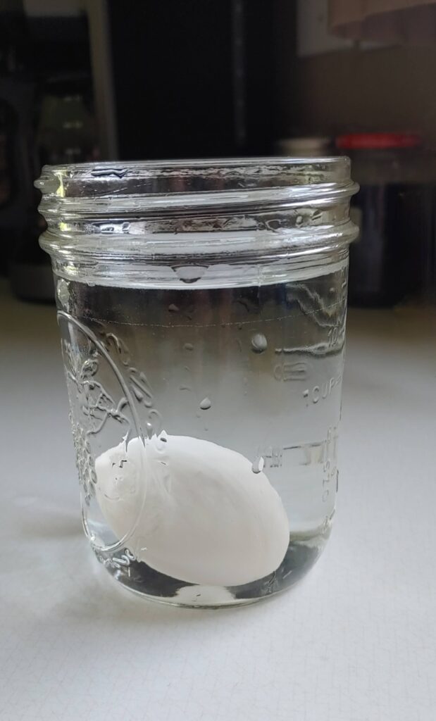 A fresh egg sitting at the bottom of a jar.